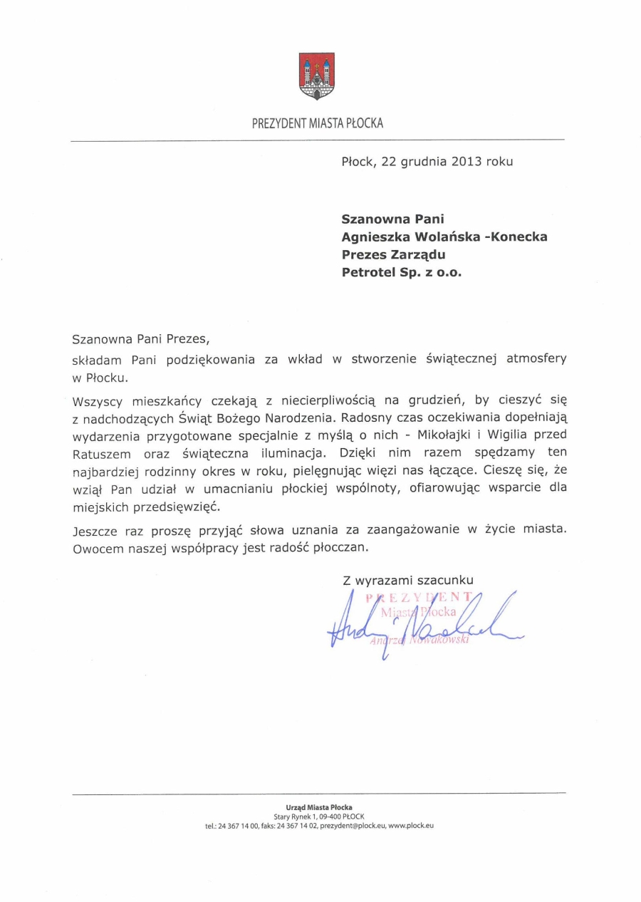 Podziękowania dla firmy Petrotel od Prezydenta Miasta Płock