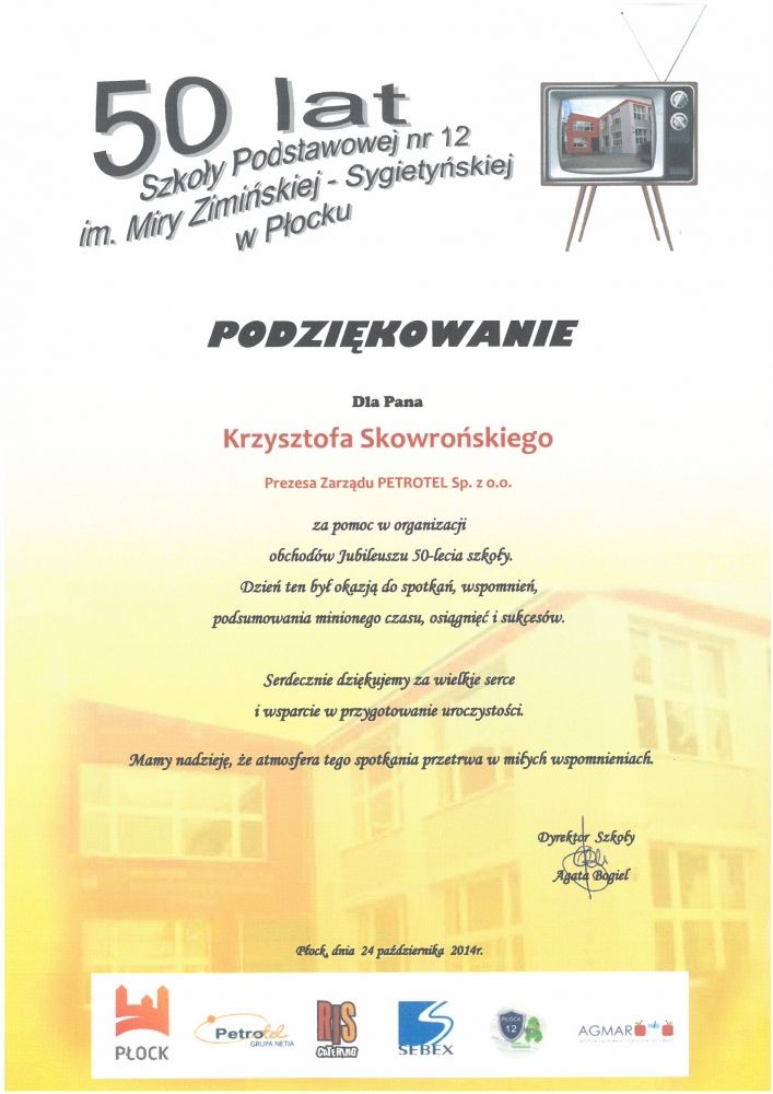 Podziękowania za pomoc w organizacji jubileuszu